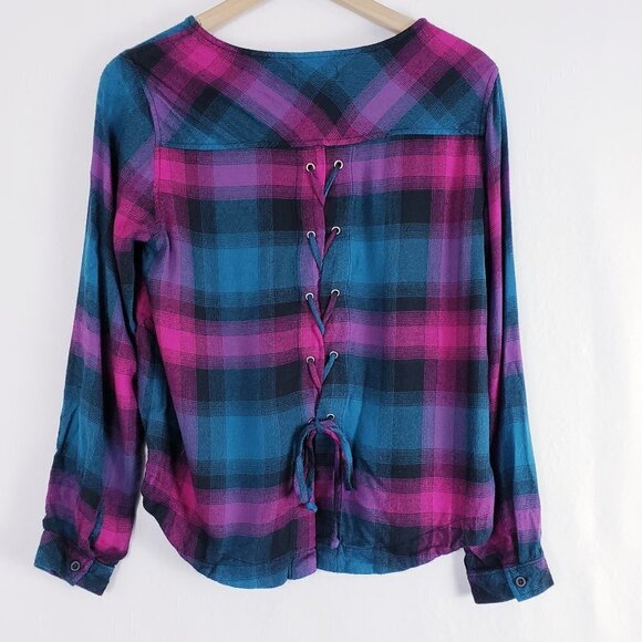 Cloth‎ & Stone Lace Up Tie Back Plaid Pullover Top - Picture 1 of 12